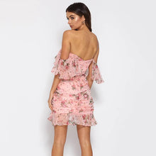 Floral Print Ruched Chiffon Women Dress Off Shoulder Elegant Dress