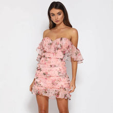 Floral Print Ruched Chiffon Women Dress Off Shoulder Elegant Dress