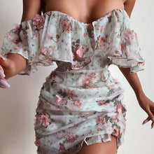 Floral Print Ruched Chiffon Women Dress Off Shoulder Elegant Dress