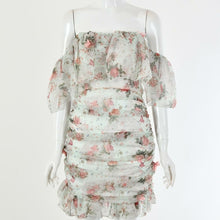 Floral Print Ruched Chiffon Women Dress Off Shoulder Elegant Dress