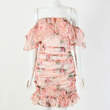Floral Print Ruched Chiffon Women Dress Off Shoulder Elegant Dress