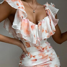 Floral Print Ruched Chiffon Women Dress Off Shoulder Elegant Dress