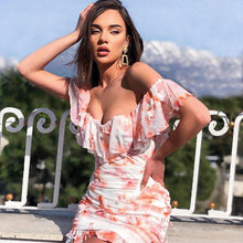 Floral Print Ruched Chiffon Women Dress Off Shoulder Elegant Dress