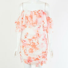 Floral Print Ruched Chiffon Women Dress Off Shoulder Elegant Dress