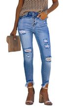 Fashion Blue High Rise Button Front Frayed Ankle Skinny Jeans
