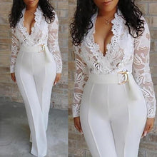 White Jumpsuit Lace Stitching V-neck