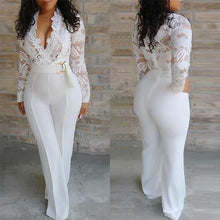White Jumpsuit Lace Stitching V-neck