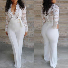 White Jumpsuit Lace Stitching V-neck