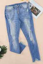 Fashion Blue High Rise Button Front Frayed Ankle Skinny Jeans