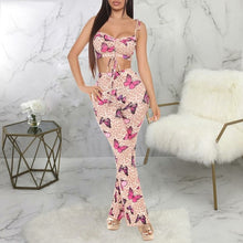 Butterfly Leopard Print Spaghetti Straps Crop Top Flare Pant