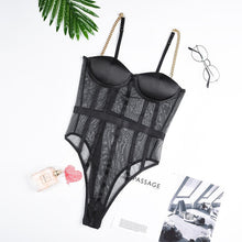 Metal Chain Straps Backless Bodysuit Mesh Transparent Bodysuit
