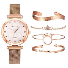 Luxury Women Watch Magnetic Buckle Flower Rhinestone Watch Ladies 5 pcs set