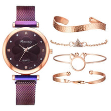 Luxury Women Watch Magnetic Buckle Flower Rhinestone Watch Ladies 5 pcs set
