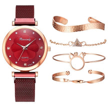 Luxury Women Watch Magnetic Buckle Flower Rhinestone Watch Ladies 5 pcs set