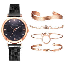 Luxury Women Watch Magnetic Buckle Flower Rhinestone Watch Ladies 5 pcs set
