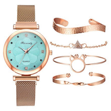 Luxury Women Watch Magnetic Buckle Flower Rhinestone Watch Ladies 5 pcs set