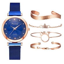 Luxury Women Watch Magnetic Buckle Flower Rhinestone Watch Ladies 5 pcs set