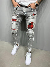 Skinny Jeans Ripped Grid Stretch Denim Pants