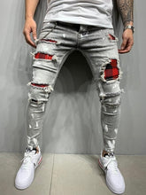 Skinny Jeans Ripped Grid Stretch Denim Pants