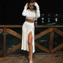 Sexy Sweater Cropped Top Midi Skirt-Split Two Piece Set