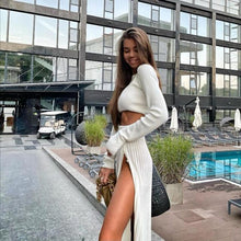 Sexy Sweater Cropped Top Midi Skirt-Split Two Piece Set