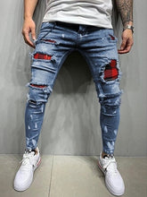 Skinny Jeans Ripped Grid Stretch Denim Pants