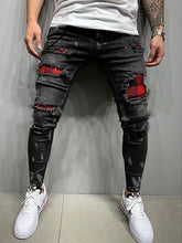 Skinny Jeans Ripped Grid Stretch Denim Pants