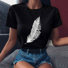 T-shirt Feather Print Loose O-neck Short Sleeve Elastic Stretched
