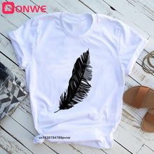 T-shirt Feather Print Loose O-neck Short Sleeve Elastic Stretched