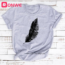 T-shirt Feather Print Loose O-neck Short Sleeve Elastic Stretched