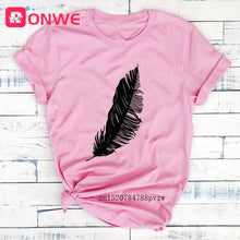 T-shirt Feather Print Loose O-neck Short Sleeve Elastic Stretched