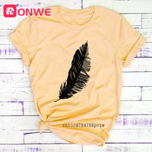 T-shirt Feather Print Loose O-neck Short Sleeve Elastic Stretched